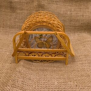 Vintage Bamboo Rattan Coaster Set with Caddy 1970s